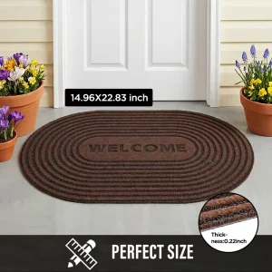 Welcome Door Mat for Home Entrance Non Slip Washable Floor Rug Low Profile Indoor Outdoor Polyester Oval Rug for Patio Porch