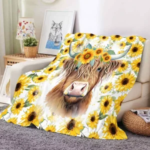 Western Cow and Sunflowers Print Fleece Flannel Throw Blanket Custom Blankets with Logo