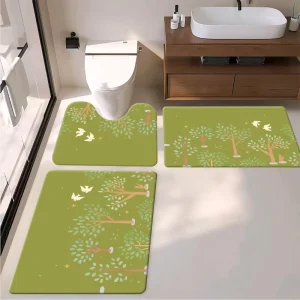 Whimsical Forest Bath Mat Set Olive Green Tree Bird & Star Pattern 3 Piece Bathroom Rug for Nature Inspired Cottage Bathrooms