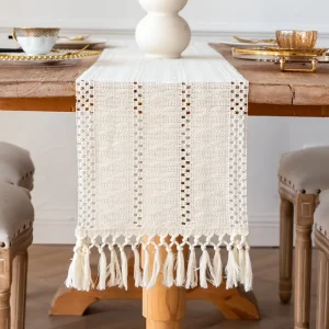 White Burlap Jacquard Table Runner with Macrame Tassel Decoration