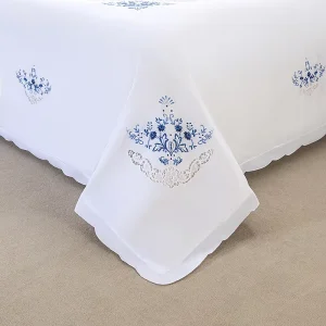White Cotton Duvet Cover Set Three Piece Blue Floral Embroidered Bedding with Elegant Cutwork Soft Quilt Cover Home