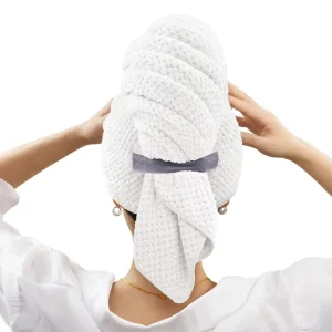 White Fast Drying Hair Turbans for Wet Curly Long Hair Large Microfiber Hair Towel Wrap for Women Soft Towel With Elastic Band