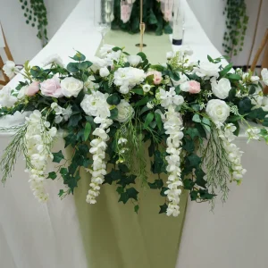 White Green Artificial Silk Flower Table Runner Custom Artificial Flower Table