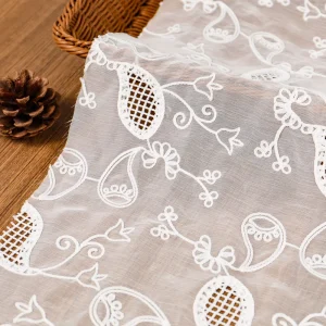 White Knitted Milk Silk Laser Cut Chain Stitch Embroidery Tulle Fabric Eco-friendly Girls’ Hollow Paisley Mesh Lace