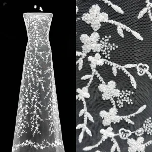White Knitted Tulle Mesh Lace Fabric Pearls Beaded Sequin Leaf Embroidered Bridal Wedding Evening Dress Accessories