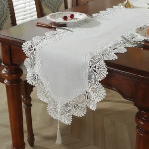 White Lace Embroidered Polyester Rectangular Table Runner for Home Sideboard Dressing Table Party Wedding