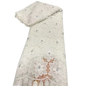 White Luxury Chiffon Applique Lace Fabric Flower Hollow Embroidery Lace With Rhinestones Nigerian Bridal Wedding Dress Material