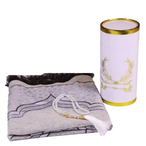 White Machine Woven Prayer Mat Gift Set Floral Pattern Polyester Cushioned Washable for Home Use During Ramadan