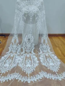 White Machine woven Embroidered Sequin Mesh Soft Lace Fabric for Wedding Veil Formal Dress