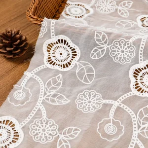 White Milk Silk Laser Cut Hollow Vine Floral Chain Stitch Embroidery Tulle Fabric Mesh Lace