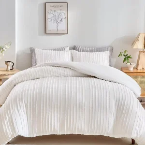 White Modern Duvet Cover Set Queen Size Striped Textured Tufted 3 Pcs Ultra Soft Washed Microfiber Eco-Friendly Zipper Closure
