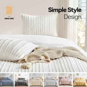 White Modern Duvet Cover Set Striped Tufted 3 Pcs Ultra Soft Washed Microfiber Durable with Zipper Closure