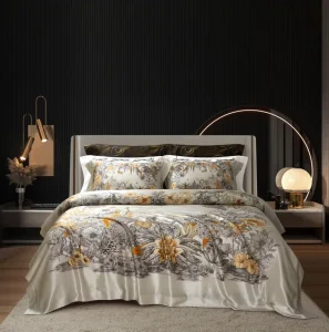 White Mulberry Silk Floral Pattern Duvet Cover 4pcs Bedding Set