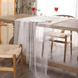 White Pearl Chiffon Table Runner 80x300cm Gauze Mesh Table Runner for Wedding Bridal Shower Party Dining Decoration