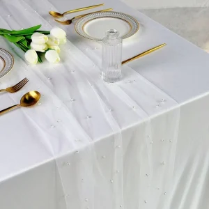 White Pearl Luxury Table Runner Wedding Lace Chiffon Tulle Table Runner Home Hotel Birthday Baby Shower Party Decor
