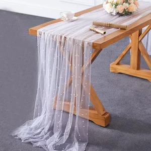 White Pearl Table Runner Wedding Lace Tablecloth Chiffon Tulle Table Cover for Wedding Birthday Baby Shower Party Decor