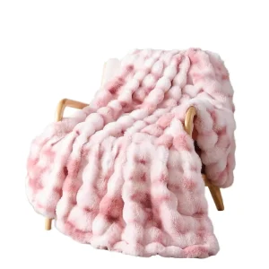 White Pink Tie Dye Faux Fur Throw Blanket 100% Polyester Fluffy Knitted Fuzzy Soft Bubble Design for All Season Couch Bed Chair