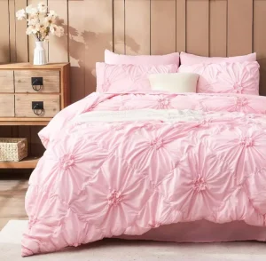 White Polyester Full Size 7 Piece Bedding Set Pink Ruched Flowers Design Bed Bag Packaging Custom Colors