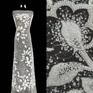 White Polyester Sequined and Beaded Lace Fabric for Wedding Accessories