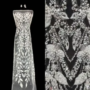 White Polyester Sequined and Beaded Lace Fabric with Leaf Vine Embroidery for Bridal Accessories