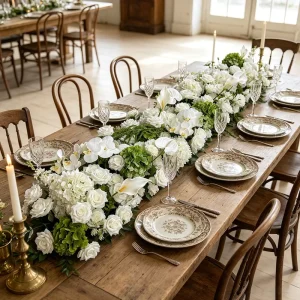 White Rose Flower Runner Green Plants Artificial Flower Row for Wedding Table Decoration