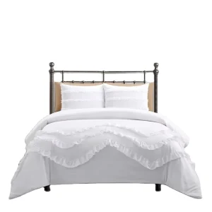 White Ruffles Lace Edge 100% Polyester Fibre All-Season Quilt Cover Three-piece Bedding Set