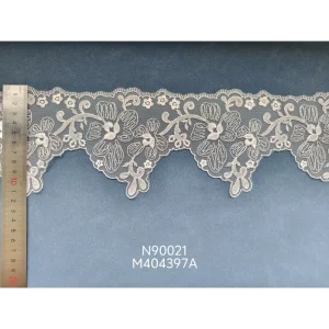 White Scalloped Embroidered Lace Fabric 100% Polyester Knitted 12cm Width Water Soluble Tiny Sequins for Bridal Dresses DIY