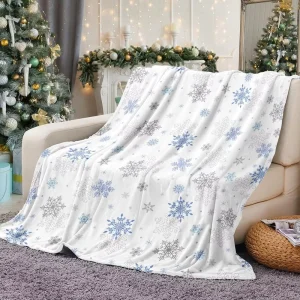 White Snowflake Christmas Fleece Flannel Throw Blanket Super Soft Plush Fluffy Warm Four Seasons Knitted Lightweight 0-0.5kg