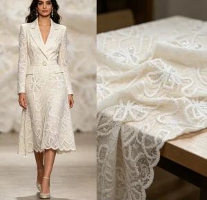 White Woven Lace Fabric with Heavy Bow Sequins Embroidery for Wedding European American & Middle Eastern Apparel