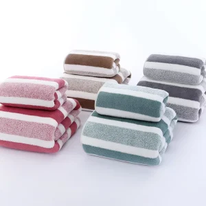 Wide Stripe Light Dark Stripe Coral Fleece Printed Edge Wrapping AB Large Width Rectangle Bath Towel Set Absorbent Hair Drying