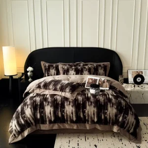 Wide brimmed Mink Fur Rabbit Faux Fur Duvet Cover Tie Dye Gray Plush Pillowcases Zipper Closure Bed Sheets 4PCS Bedding Set