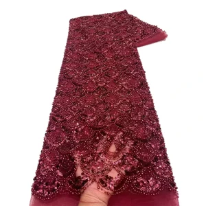 Wine Color 100% Polyester Breathable Eco-Friendly Lace Fabric Beaded Tube Embroidery Sequin Bridal Wedding Dress