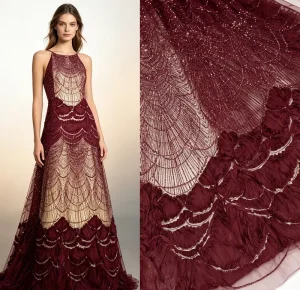 Wine Red Layered Fan Crystal Mesh Fabric With 3D Chiffon Ruffle For Couture Formal Dress
