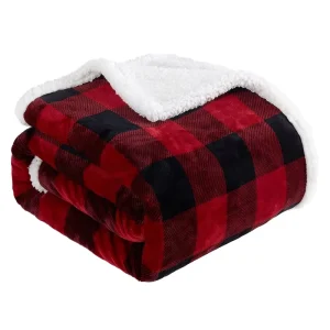 Winter 100% Polyester Double Layer Rustic Sherpa Custom Plaid Red Black Blanket Throw Cozy Soft Warm Sofa Bed