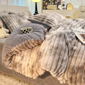 Winter Chunky Faux Rabbit Velvet Milk Velvet 4PCS Set Comforter Cover Cozy Thickened Pillowcase Quilt Cover Sheet Bedding Set
