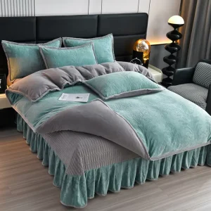Winter Thick Carved Milk Velvet Bed Cover Four Piece Set Double Bed Solid Color Bed Skirt