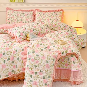 Winter Thick Quilted Milk Velvet Bedspread Set Lace Ruffle Printed Warm Duvet Cover 4 Pcs Bedding Set