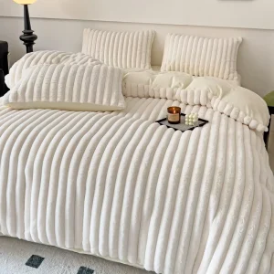 Winter Thickened Rabbit Plush Four-piece Suit High-grade Light Luxury Solid Color Quilt Bed Sheet Set Milk Coral Fleece Simple