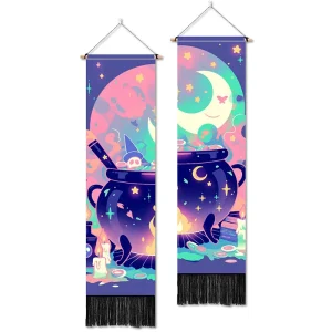 Witch Cauldron Art Deco Mural Wall Hanging Tapestry Halloween Spooky Cotton Linen Decor for Home Living Room Bedroom Festival