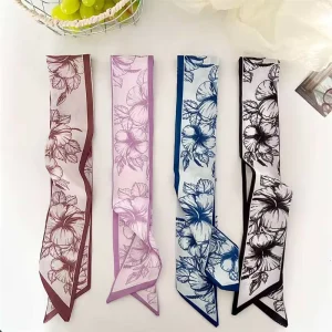 Women Double Sided Hibiscus Flower Scarf Lightweight Spring Summer Neck Scarf Hair Band Bag Ribbon Fashion Hair Wrap Neck Scarf