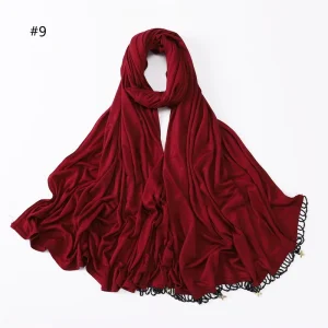 Women Premium Cotton Jersey Hijab Shawl Head Scarf with Handmade Black Beads Edge Decoration