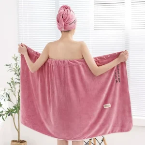 Women Soft Absorbent Microfiber Spa Wrap Bath Robe Towel and Dry Hair Shower Cap