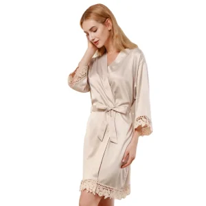 Women Spring and Summer Three Quarter Plus Size Polyester Satin Home Robe Bathrobe