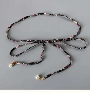 Women’s Cotton Thin Belt Versatile Fabric Accessories with Small Floral Pearl Pendant
