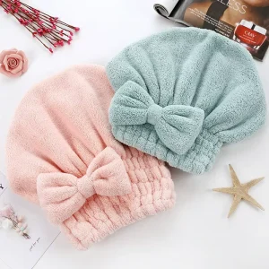 Women’s Eco Friendly Faux Fur Quick Dry Absorbent Hair Drying Towels with Head Wrap & Bow Knot Shower Cap Gift for Bath Spa Use