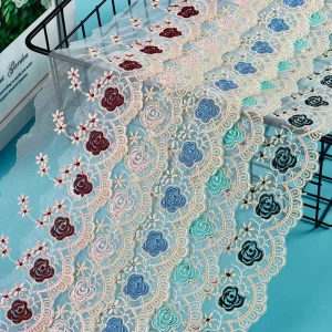 Women’s Home Textile Nonwoven Breathable Embroidered Rose Flower Mesh Fabric Clothing with Colorful Weft Knitting