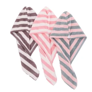 Women’s Striped Coral Fleece Dry Hair Hat Thickened Quick Dry Headscarf for Home Travel Beach Highly Absorbent Hair Drying Towel