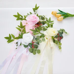 Woodland Eucalyptus Artificial Rose Chair Back Flower Wedding Chair Sash Faux Floral Chair Decor