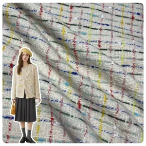 Wool Blend Beige Colorful Strip Check Coarse Woven Tweed Fabric Custom Color for Coat Vest Hat Garment Manufacturing