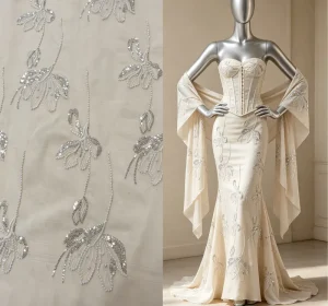 Woven Ivory Georgette Fabric Sequin Seed Bead Embroidery Lightweight Vertical Drop Chain Beading Design Dreamy Wedding Bridal